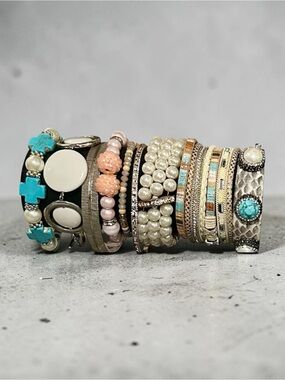 Boho Chic Bracelet Stack Set Beaded Cuff Turquoise Pearl Statement Jewelry Lot